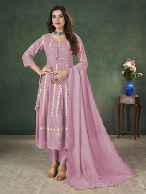 Pink lakhnavi sequins zari resham georgette anarkali suit 1