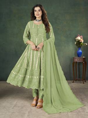 Green lakhnavi sequins zari resham georgette anarkali suit 4