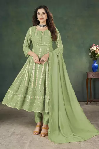 Green lakhnavi sequins zari resham georgette anarkali suit