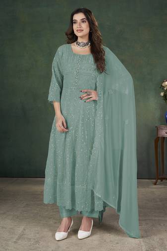Firozi lakhnavi sequins zari resham georgette anarkali suit