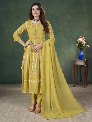 Yellow lakhnavi sequins zari resham georgette anarkali suit 1