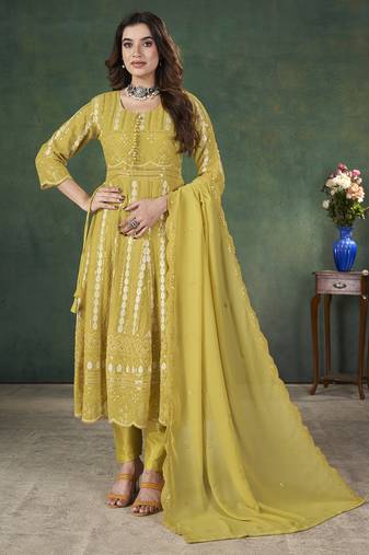 Yellow lakhnavi sequins zari resham georgette anarkali suit
