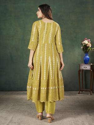 Yellow lakhnavi sequins zari resham georgette anarkali suit 2