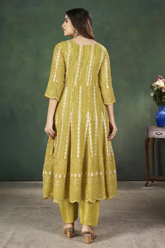 Yellow lakhnavi sequins zari resham georgette anarkali suit