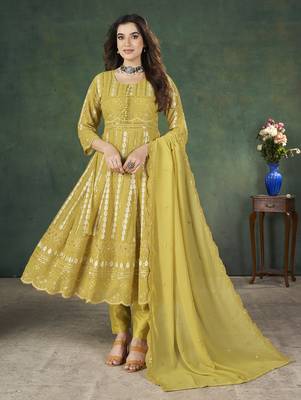 Yellow lakhnavi sequins zari resham georgette anarkali suit 3