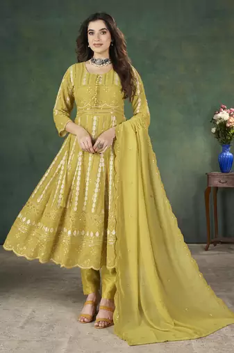 Yellow lakhnavi sequins zari resham georgette anarkali suit