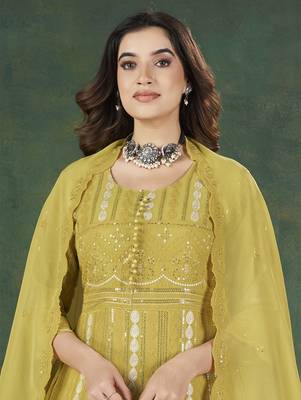 Yellow lakhnavi sequins zari resham georgette anarkali suit 4