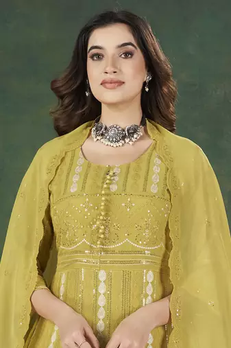 Yellow lakhnavi sequins zari resham georgette anarkali suit