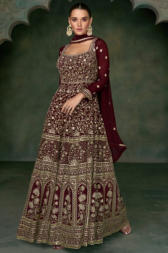 Maroon mirror embroidered zari thread sequins georgette anarkali suit