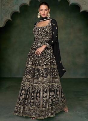 Black mirror embroidered zari thread sequins georgette anarkali suit 1