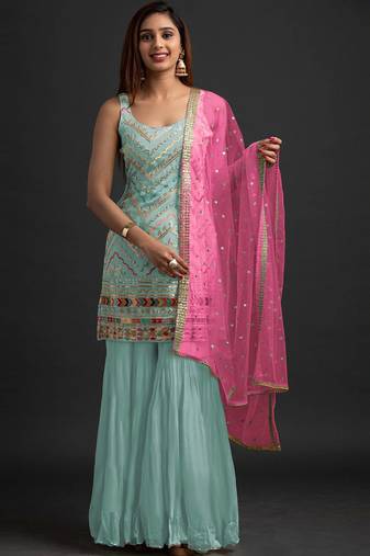 turquoise embroidered resham zari sequins georgette sharara