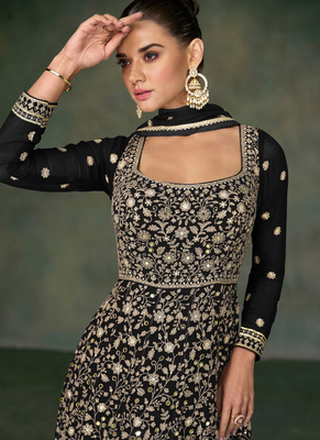 Black mirror embroidered zari thread sequins georgette anarkali suit 2