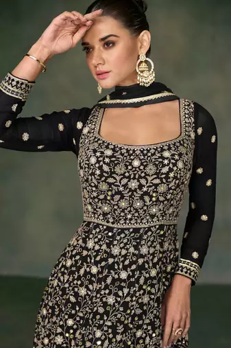 Black mirror embroidered zari thread sequins georgette anarkali suit