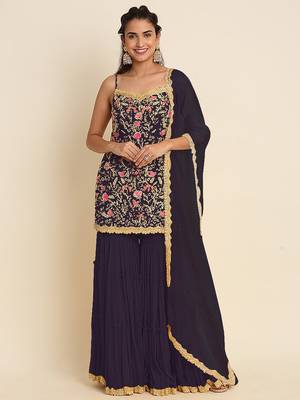 Dark purple embroidered resham zari sequins georgette sharara suit 1