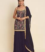 Dark purple embroidered resham zari sequins georgette sharara suit