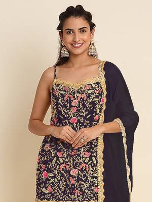 Dark purple embroidered resham zari sequins georgette sharara suit 2