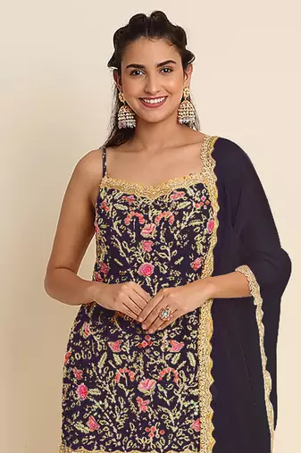 Dark purple embroidered resham zari sequins georgette sharara suit