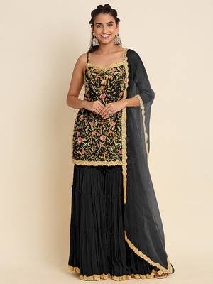 Black embroidered resham zari sequins georgette sharara suit 1