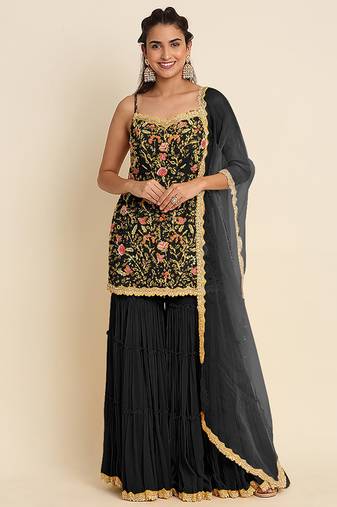 Black embroidered resham zari sequins georgette sharara suit