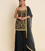 Black embroidered resham zari sequins georgette sharara suit
