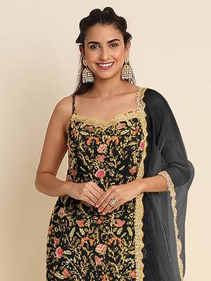 Black embroidered resham zari sequins georgette sharara suit 2