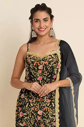 Black embroidered resham zari sequins georgette sharara suit
