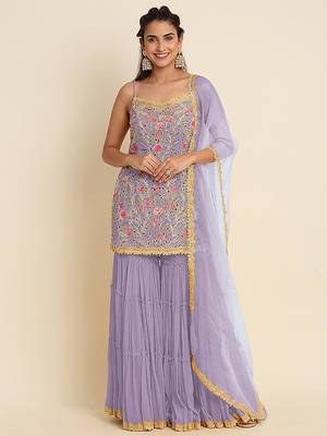 Purple embroidered resham zari sequins georgette sharara suit 1