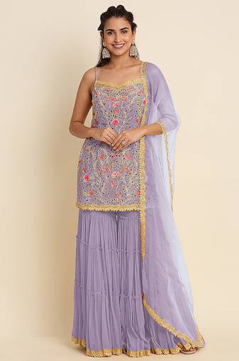 Purple embroidered resham zari sequins georgette sharara suit