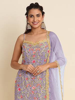 Purple embroidered resham zari sequins georgette sharara suit 2