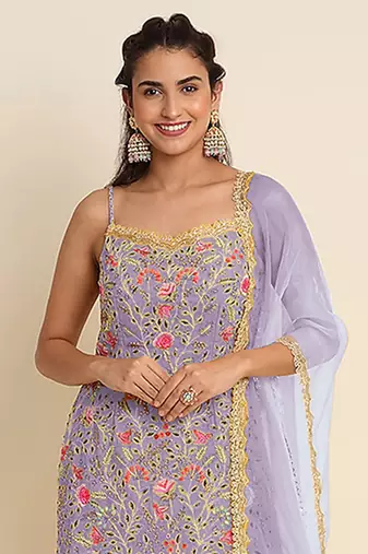 Purple embroidered resham zari sequins georgette sharara suit