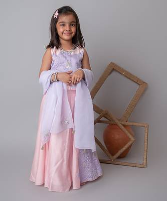 Pink floral applique lehnga set for kids 1