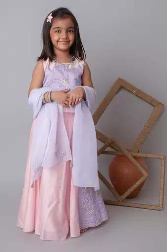 Pink floral applique lehnga set for kids