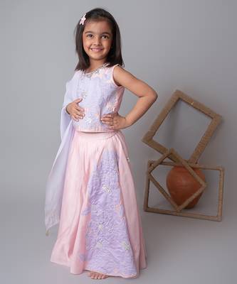 Pink floral applique lehnga set for kids 3