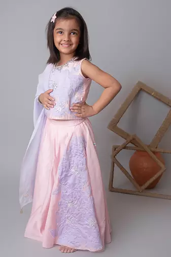 Pink floral applique lehnga set for kids