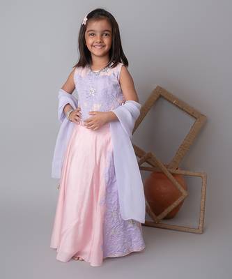 Pink floral applique lehnga set for kids 4