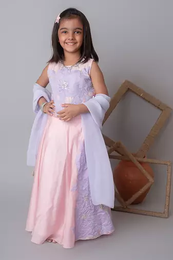Pink floral applique lehnga set for kids
