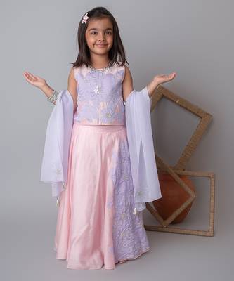 Pink floral applique lehnga set for kids 5
