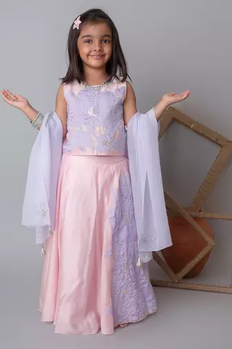 Pink floral applique lehnga set for kids