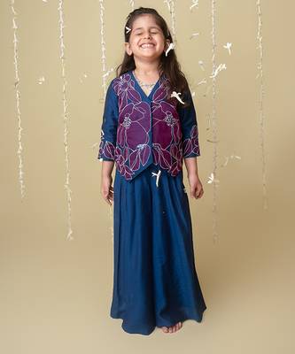 Midnight gold applique sharara jacket set for girls 1