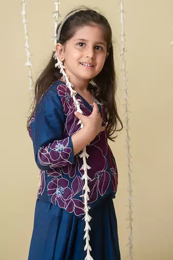 Midnight gold applique sharara jacket set for girls