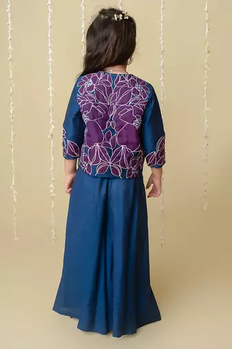 Midnight gold applique sharara jacket set for girls