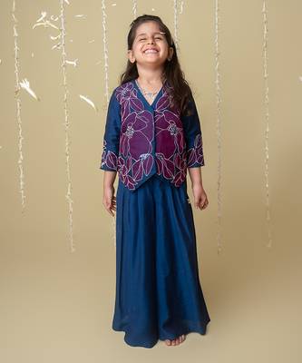 Midnight gold applique sharara jacket set for girls 4