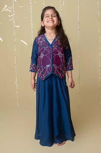 Midnight gold applique sharara jacket set for girls