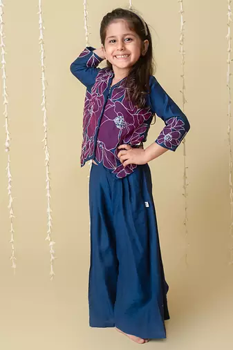 Midnight gold applique sharara jacket set for girls