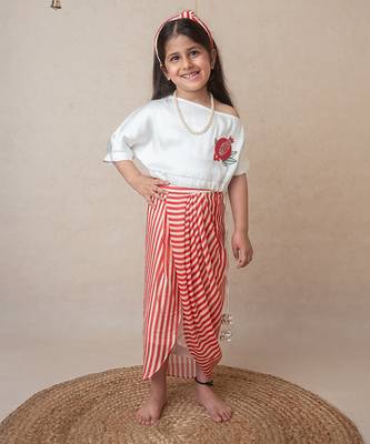 Pomegranate off shoulder top and draped skirt set for kids 1