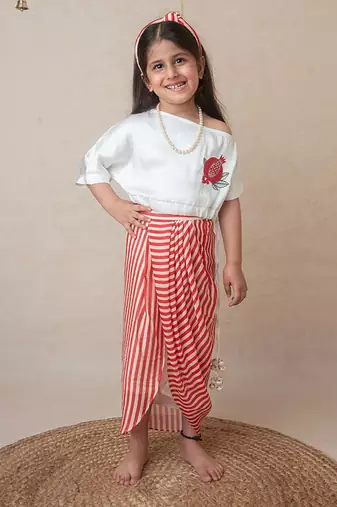 Pomegranate off shoulder top and draped skirt set for kids