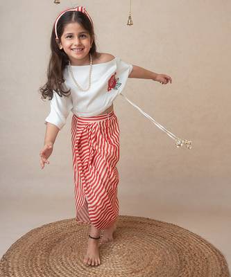 Pomegranate off shoulder top and draped skirt set for kids 2