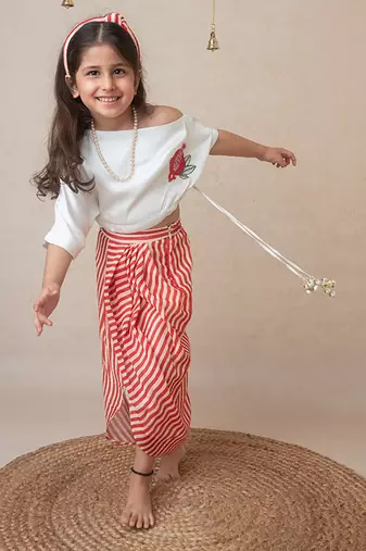 Pomegranate off shoulder top and draped skirt set for kids