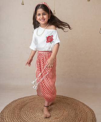 Pomegranate off shoulder top and draped skirt set for kids 3