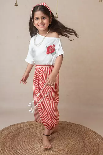 Pomegranate off shoulder top and draped skirt set for kids